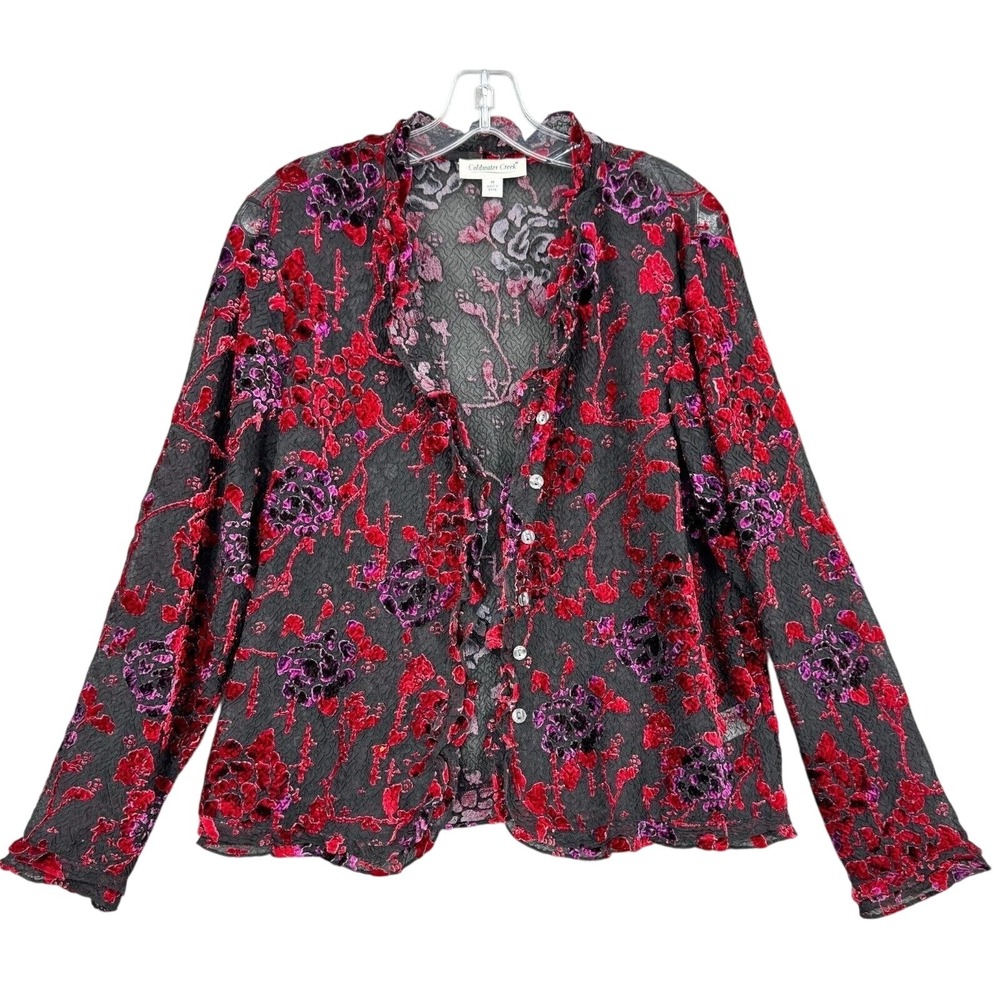 Y2k Womens Burnout Velvet Floral Blouse XL Red Purple Black Mesh Top